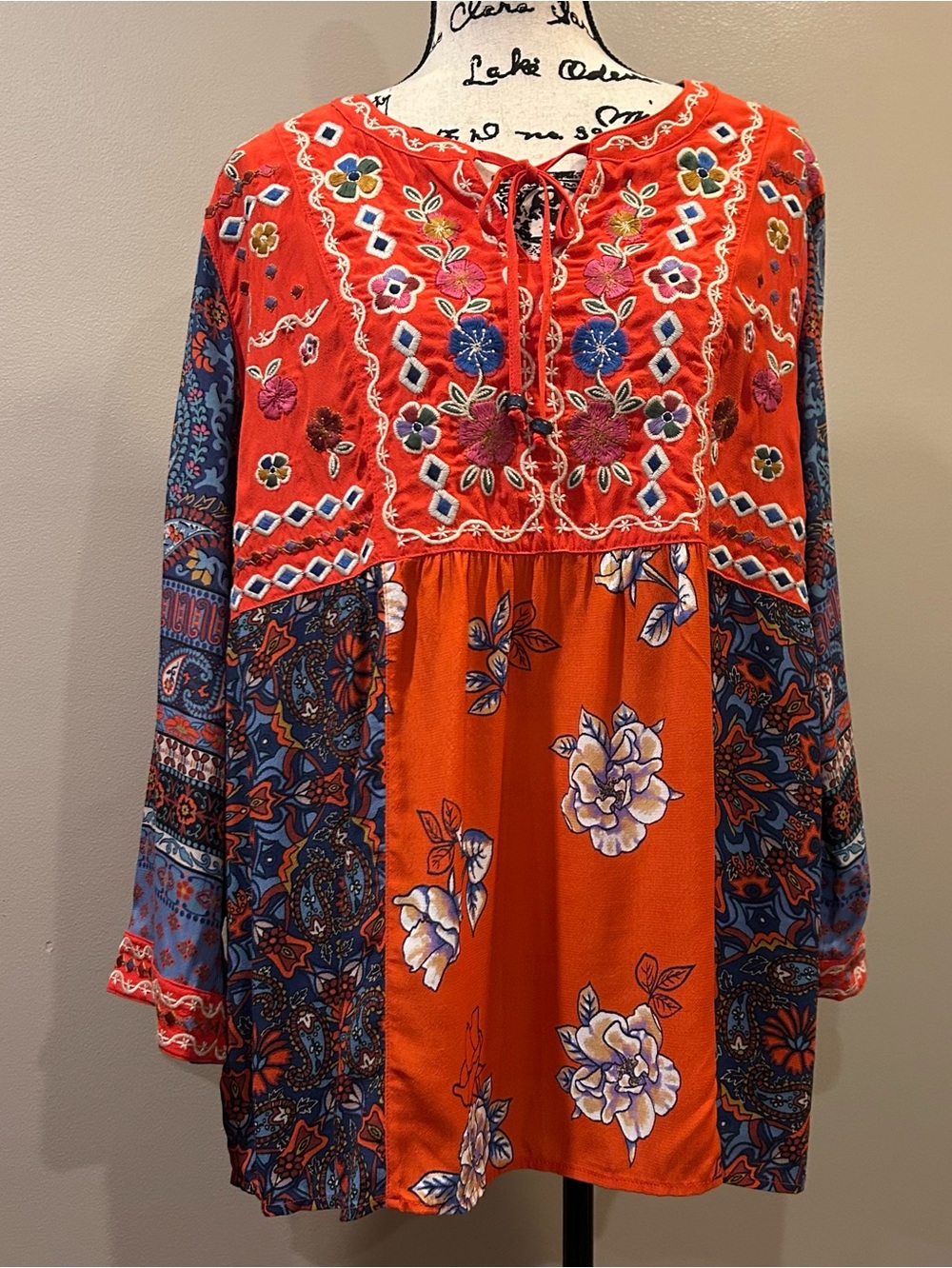 John Mark Embroidered Split Neck Top
